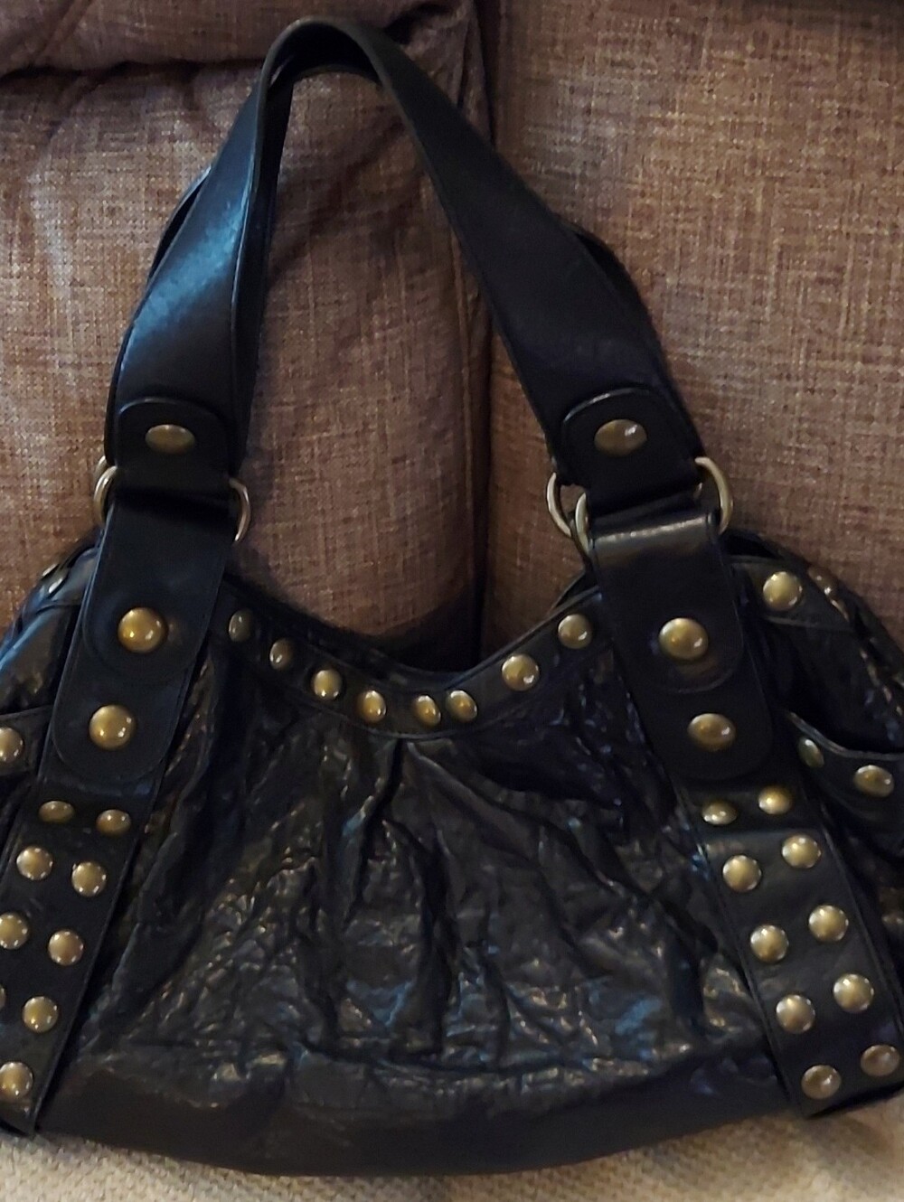 Vintage Kooba "Jillian" Black Shoulder Bag with Brass Studs